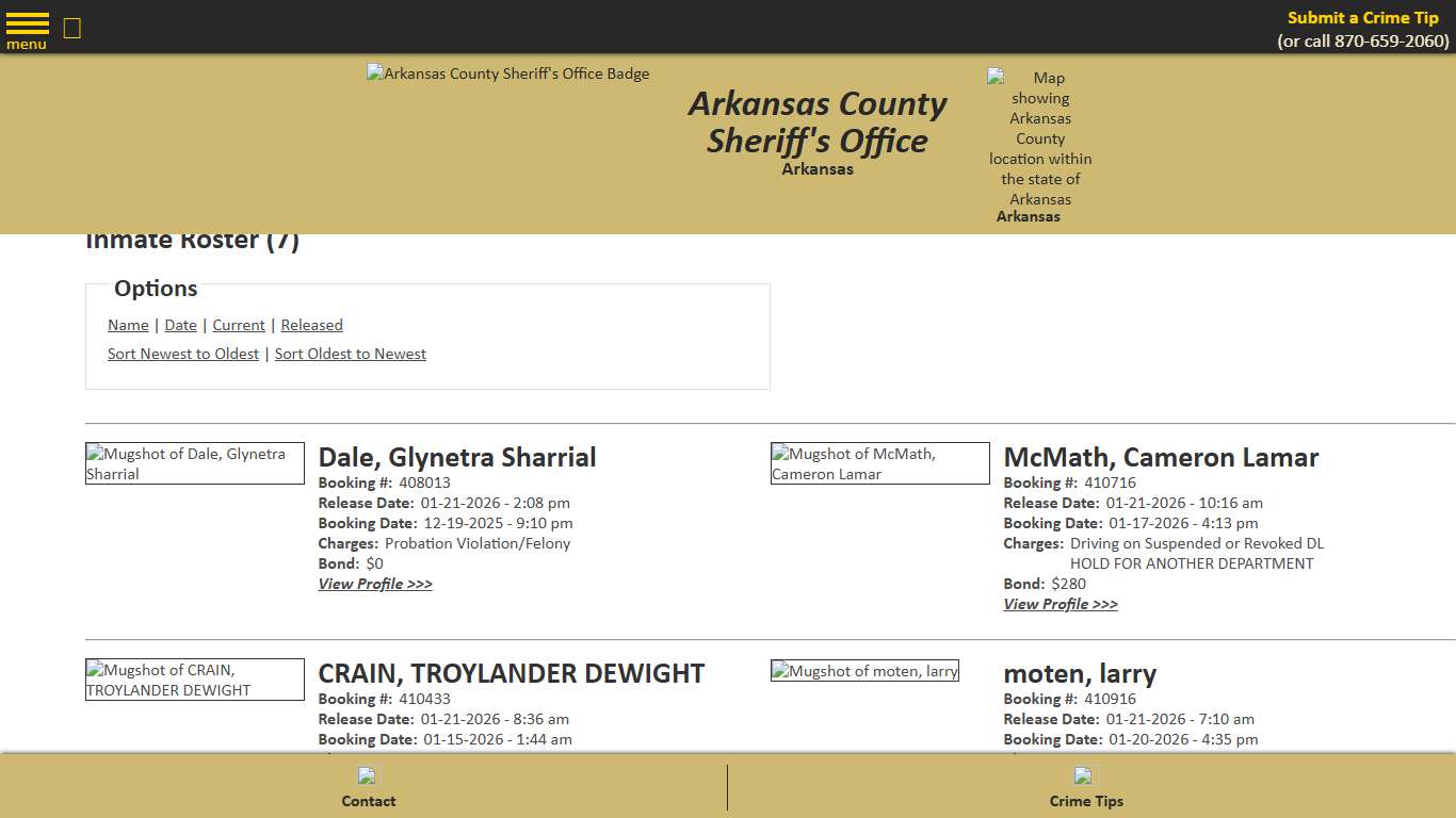 Inmate Roster - Released Inmates Booking Date Descending - Arkansas County Sheriff's Office, Arkansas